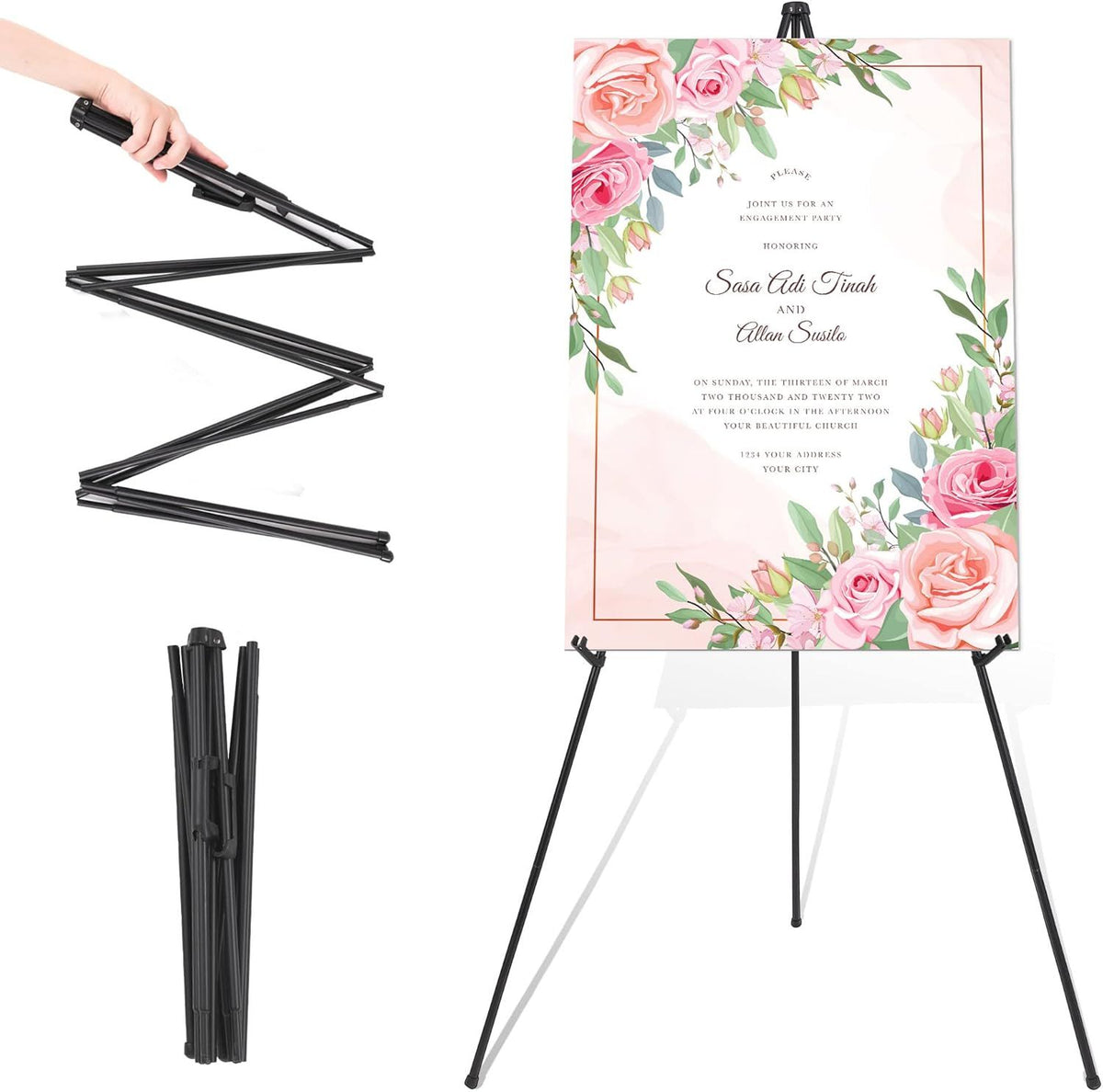 Portable Folding Metal Tripod Easel for Wedding Signs, Posters & Art Displays – Adjustable Height, Non-Slip Base (Black)