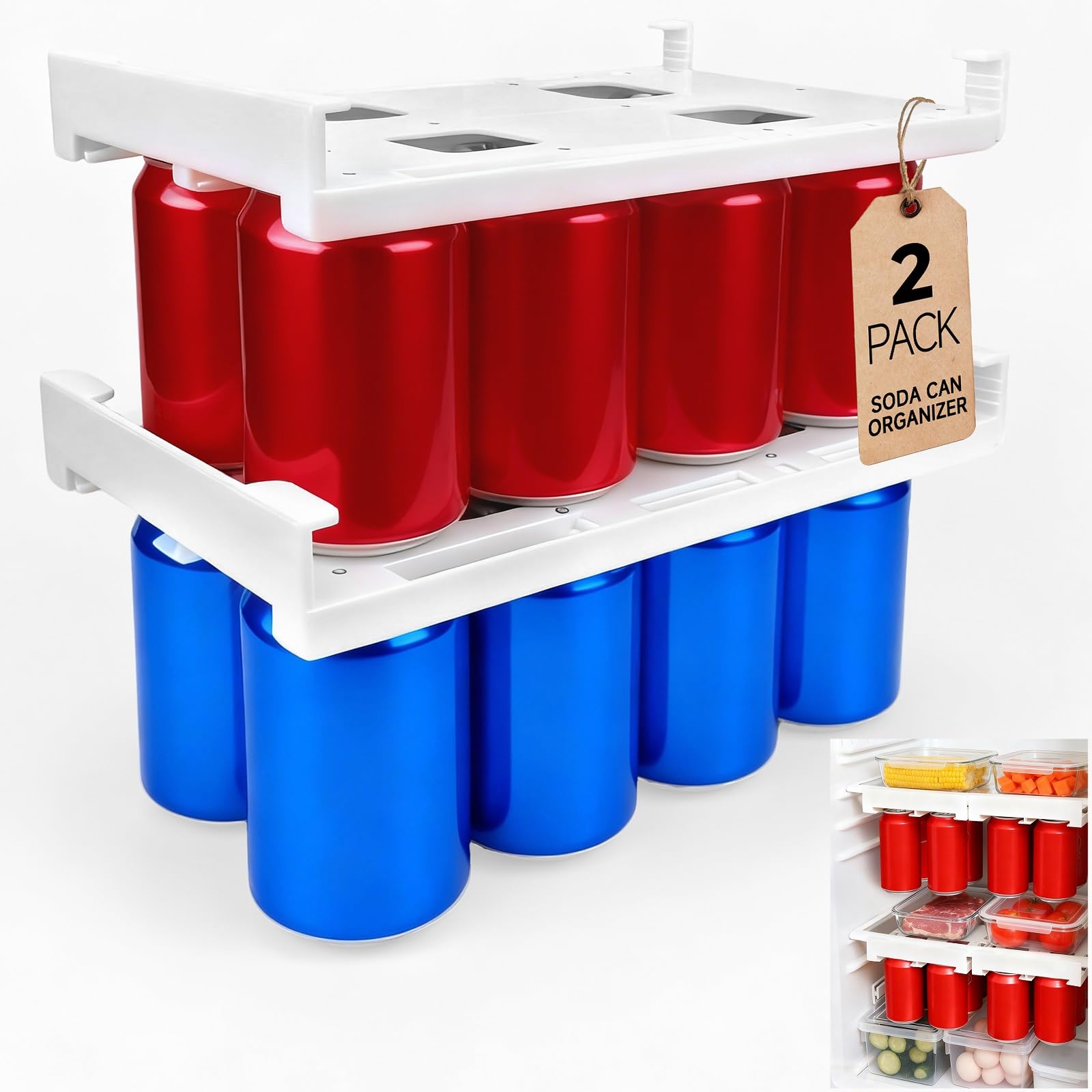 2-Pack Refrigerator Can Organizer – Hanging Soda & Beer Rack, Space-Saving Shelf for Fridge, Holds 8 Cans, Easy Installation (White)