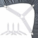 4-Pack Adjustable Bed Sheet Fasteners with Triangle 3-Clamp Design, White Elastic Bands & Nickel-Plated Clips—Secures Fitted Sheets, Sofa Covers, Car Seat Covers, and Tablecloths—Easy Install, Reusable