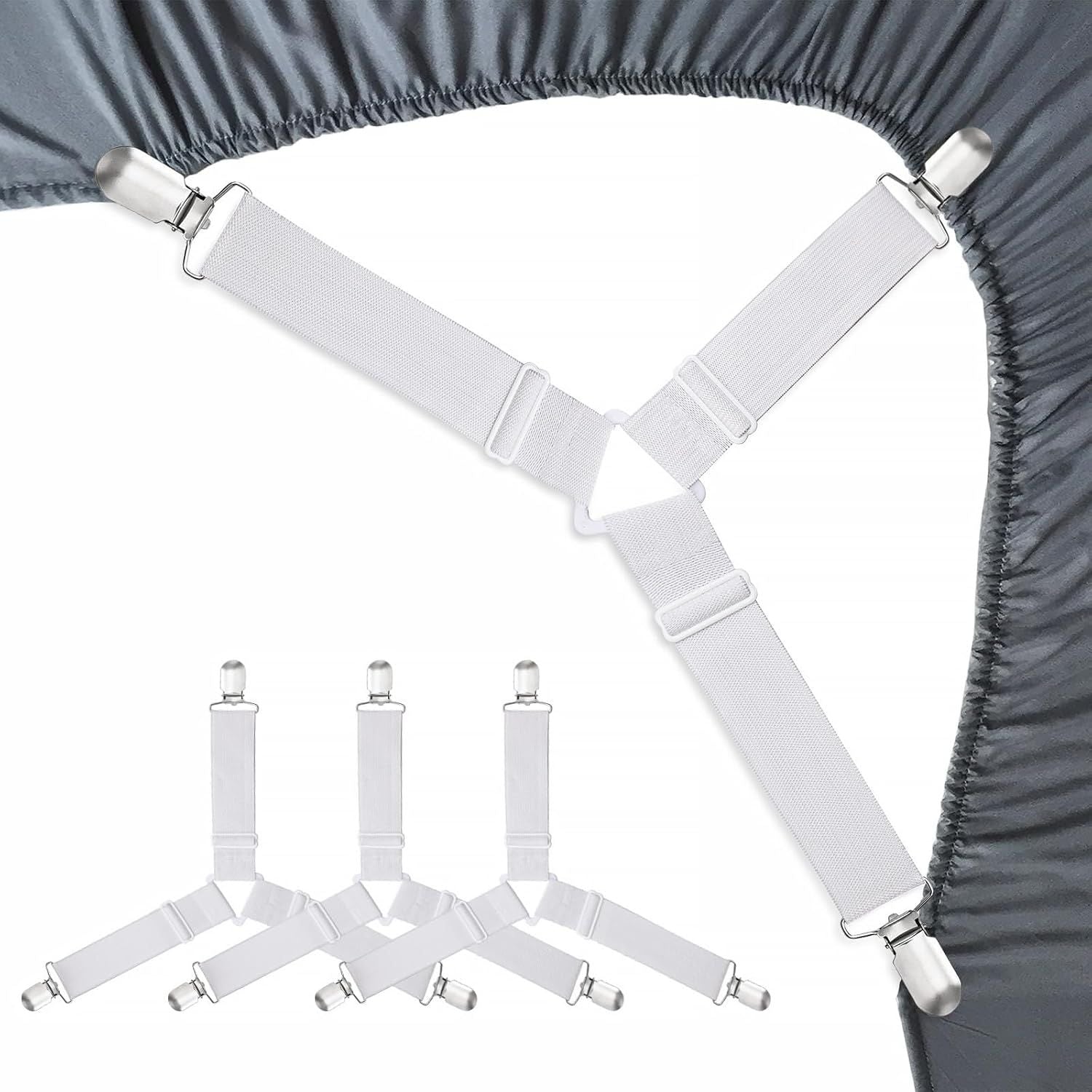 4-Pack Adjustable Bed Sheet Fasteners with Triangle 3-Clamp Design, White Elastic Bands & Nickel-Plated Clips—Secures Fitted Sheets, Sofa Covers, Car Seat Covers, and Tablecloths—Easy Install, Reusable