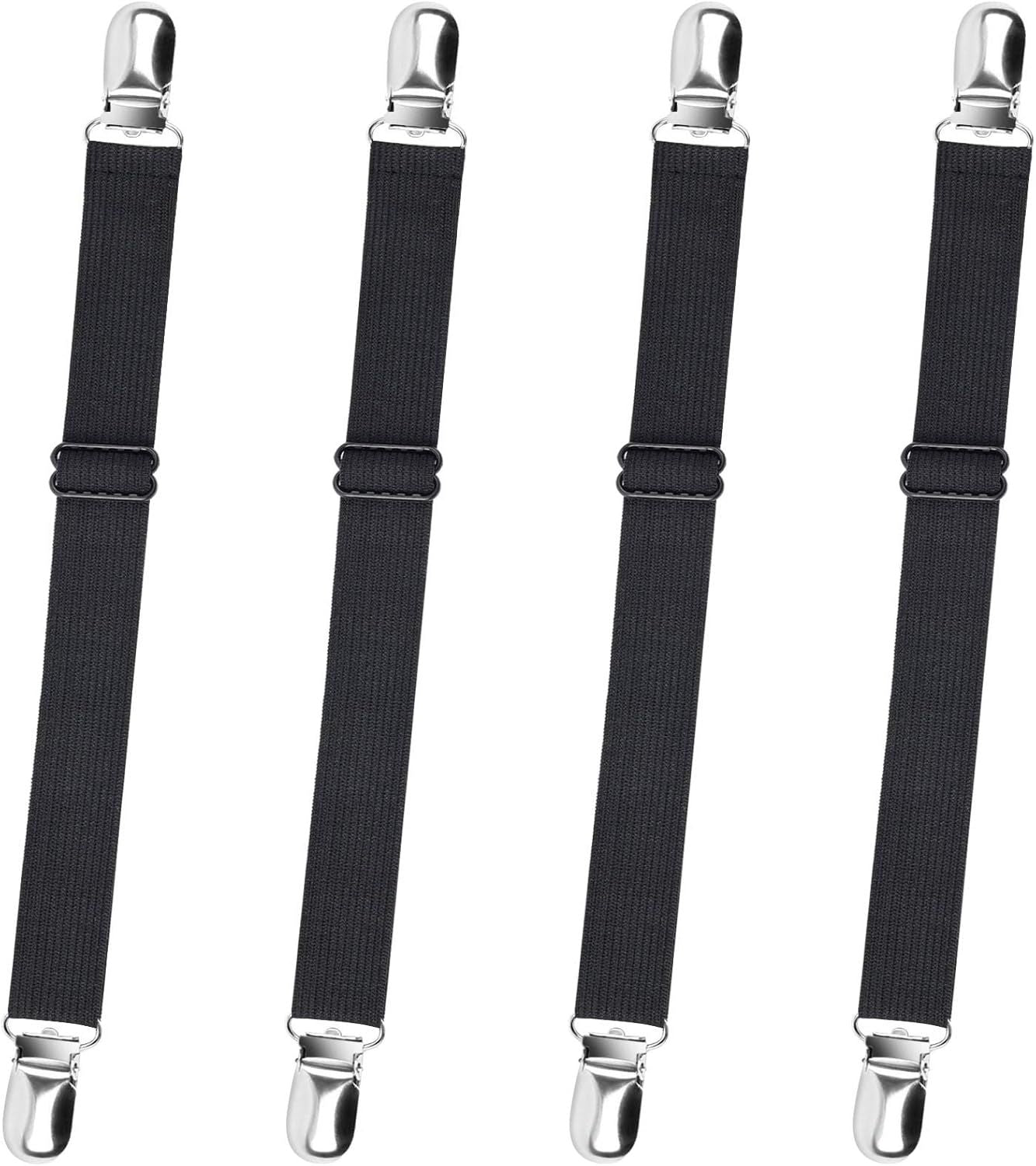 4-Pack Adjustable Bed Sheet Straps with Clips, Elastic Sheet Fasteners for Fitted Sheets, Sofa Covers, Tablecloths, Anti-Slip Grippers for Crib to King Size Beds (Black)