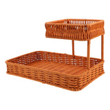 Two-Tier Woven Snack Basket Organizer – Decorative Storage Tray for Kitchen Countertop, Coffee Table, Bathroom Vanity, and Dining Room – Holds Fruit, Bread, Cosmetics, Jewelry, and Tea Sets – Rustic Brown Rattan-Look Home Decor Basket (Brown)