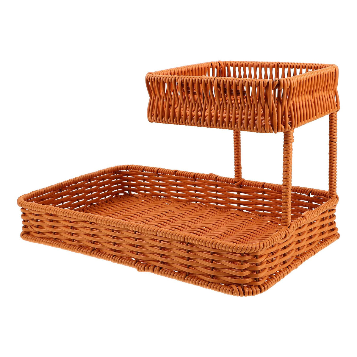 Two-Tier Woven Snack Basket Organizer – Decorative Storage Tray for Kitchen Countertop, Coffee Table, Bathroom Vanity, and Dining Room – Holds Fruit, Bread, Cosmetics, Jewelry, and Tea Sets – Rustic Brown Rattan-Look Home Decor Basket (Brown)