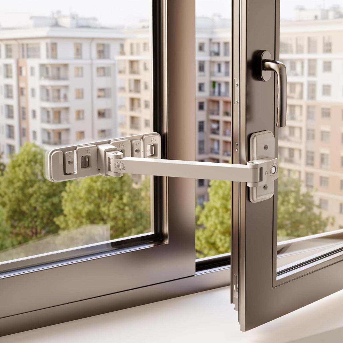 Adjustable Child Safety Window Lock with 3-Level Restrictor for Sliding and Casement Windows and Doors, No Drill Installation, Easy Adult Operation, Durable ABS and Zinc Alloy Construction (Gray)