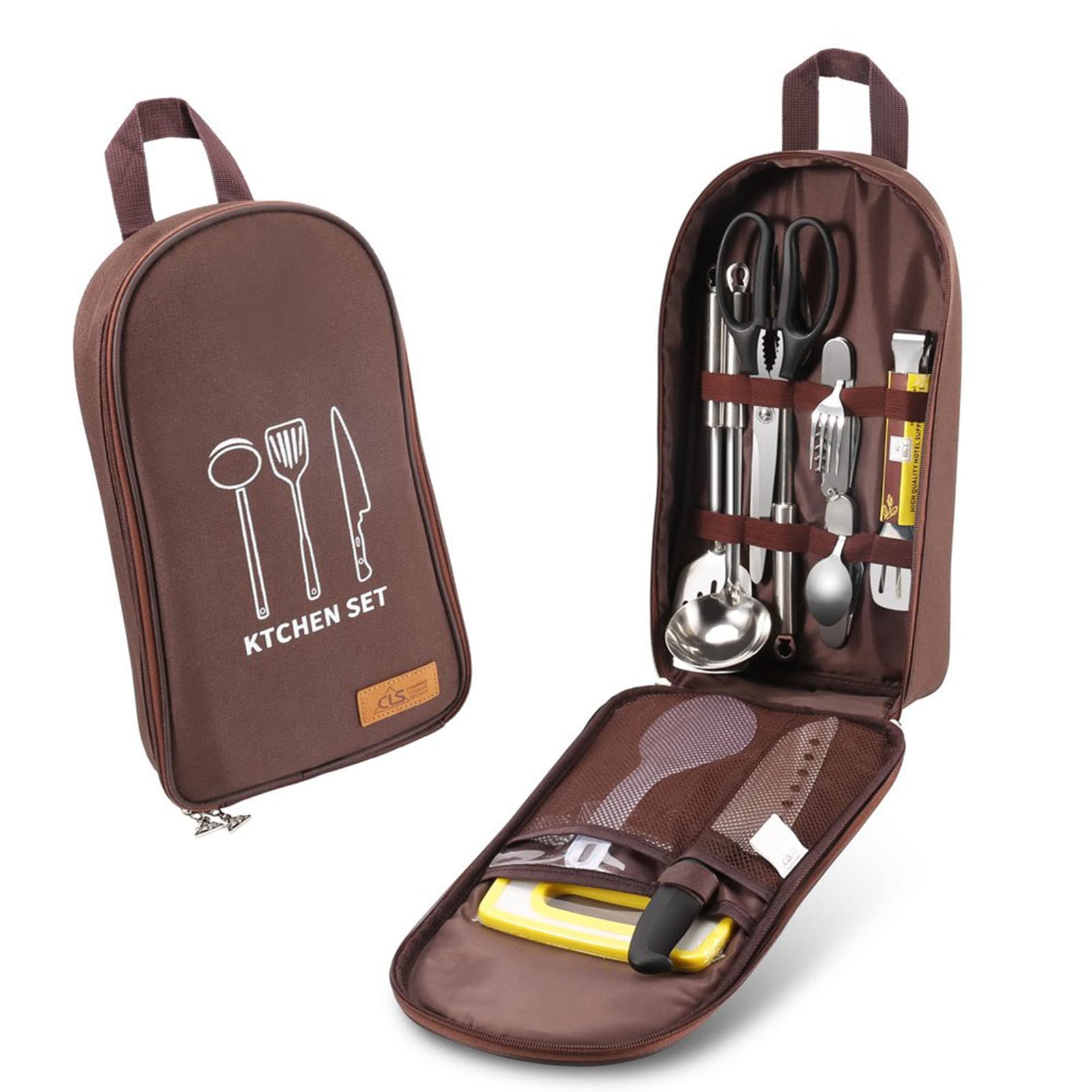 Multi-Functional Outdoor Kitchen Utensil Organizer – Durable Travel Storage Bag with Elastic Straps, Mesh Pockets & Carry Handle, Compact Size (Brown)
