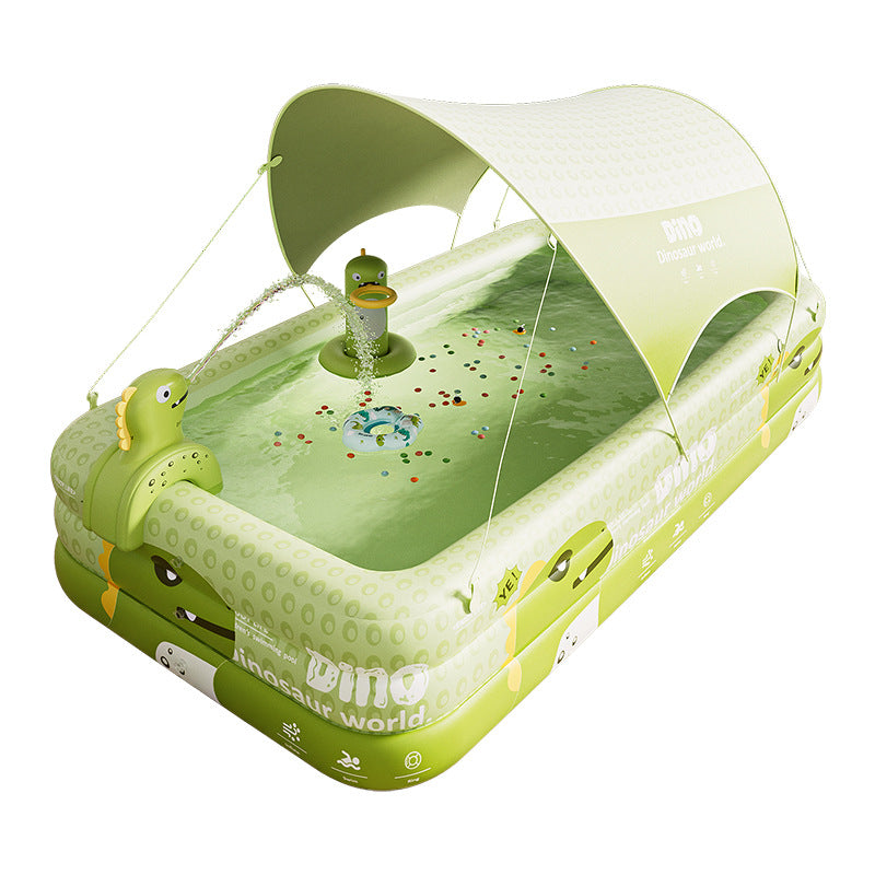 Inflatable Swimming Pool 180×130×56cm with Canopy & Dinosaur Spray – Kids Outdoor Water Play Set for Backyard, Garden, Summer Fun (Green) 