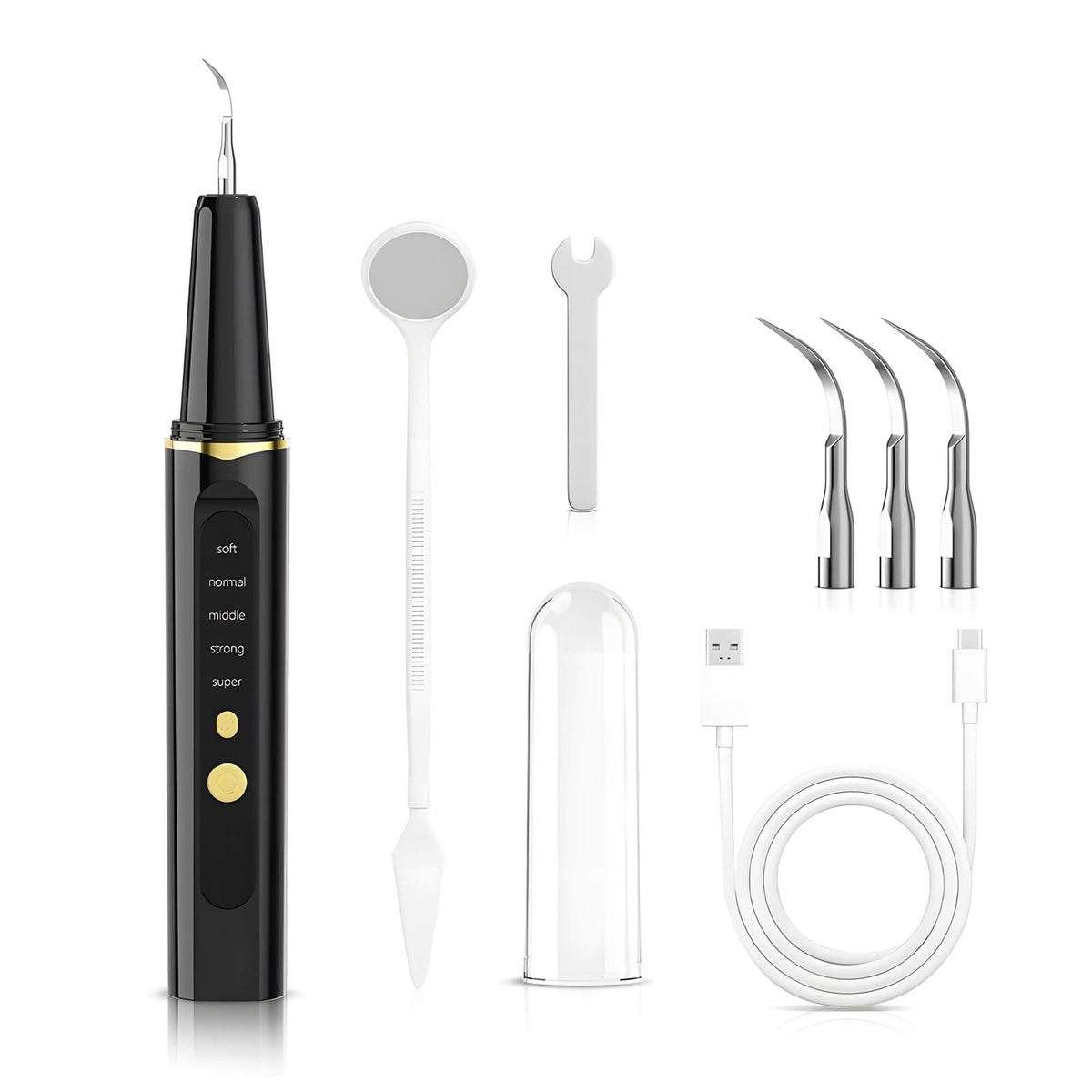 High-End Ultrasonic Tooth Cleaner with LED Light & Smart Gum Protection – 5 Modes, IPX7 Waterproof, Rechargeable, 3 Replacement Tips (Black)