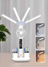 4-Arm Foldable LED Desk Lamp with Built-in Fan, Digital Clock, Temp Display & Dual Pen Holders – 3-Color Lighting, Infinite Dimming, USB-C Charging, Eye-Caring Light for Study, Work, Reading; Compact & Modern Design (White)