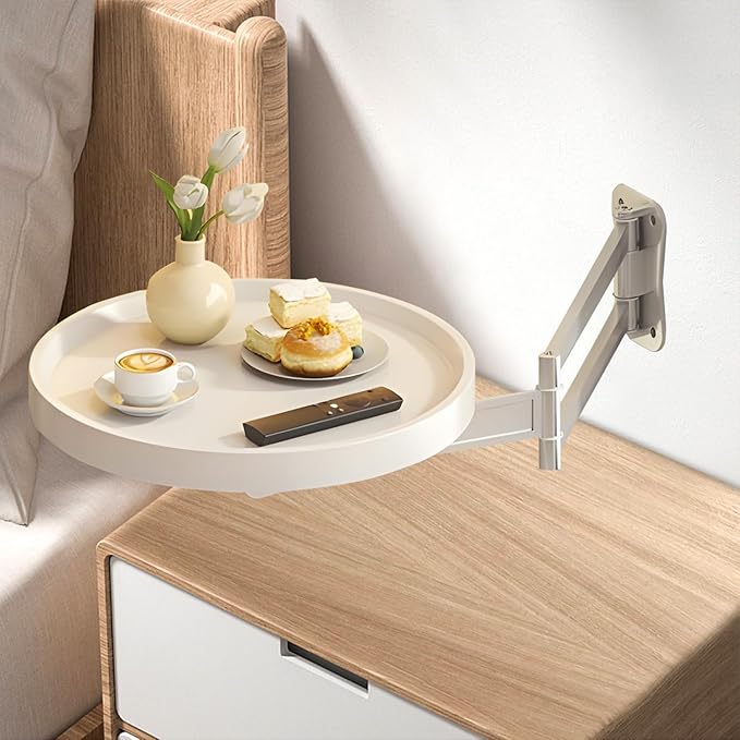 Wall-Mounted Foldable Round Table – Telescopic Adjustable Bedside Desk with Aluminum Alloy Support, Multi-Use Floating Table for Bedroom, Living Room, Balcony (White)