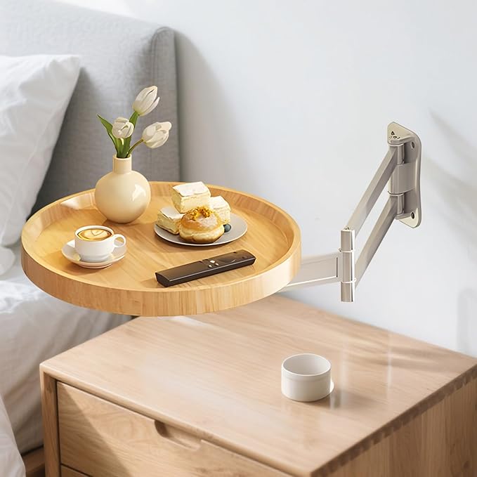 Wall-Mounted Foldable Round Table – Telescopic Adjustable Bedside Desk with Aluminum Alloy Support, Multi-Use Floating Table for Bedroom, Living Room, Balcony (Original Wood)