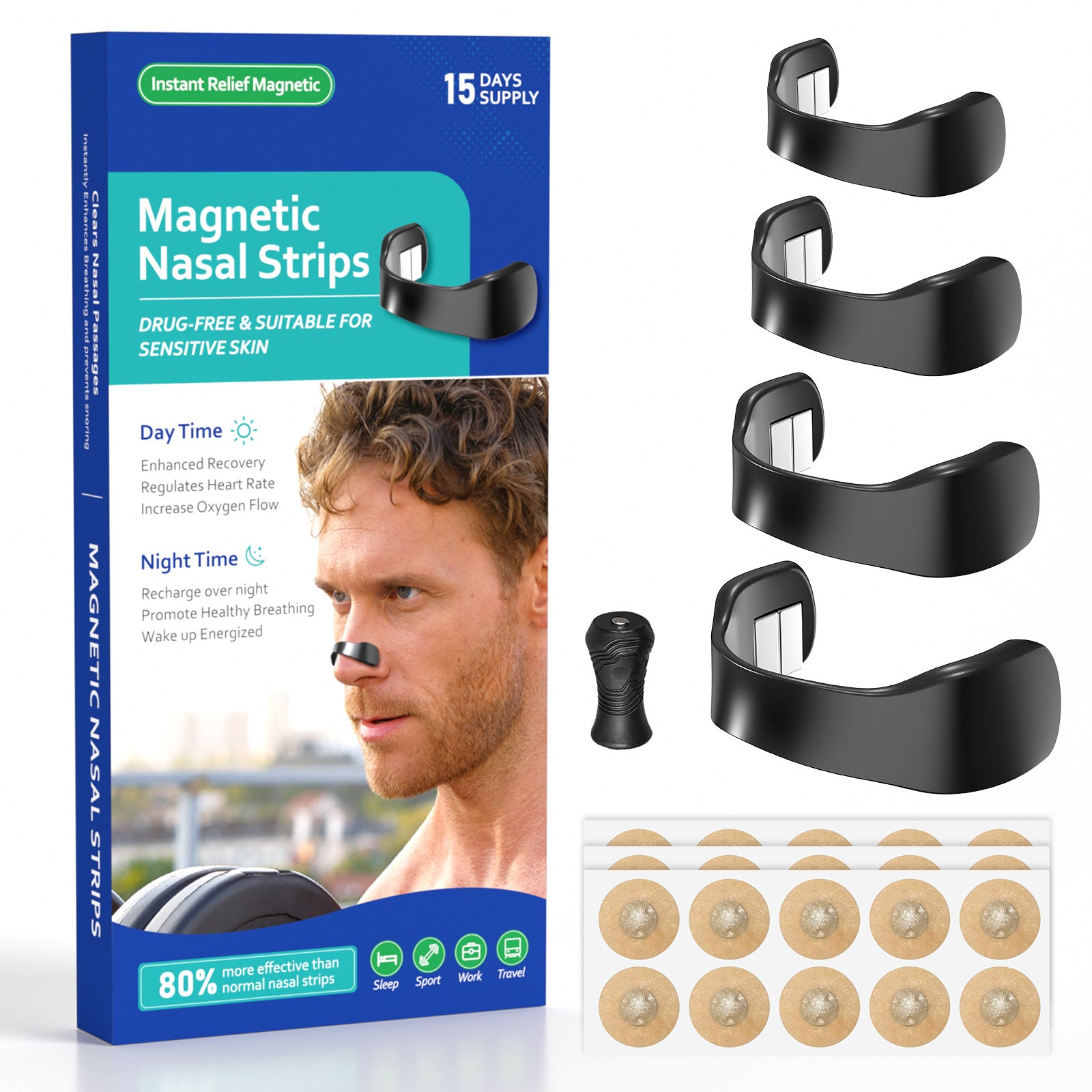 Black Magnetic Nasal Strips Kit (15-Day Supply): Breath Support with Reusable Bands & Adhesive Tabs – Enhance Oxygen Flow, Reduce Snoring, Improve Sleep
