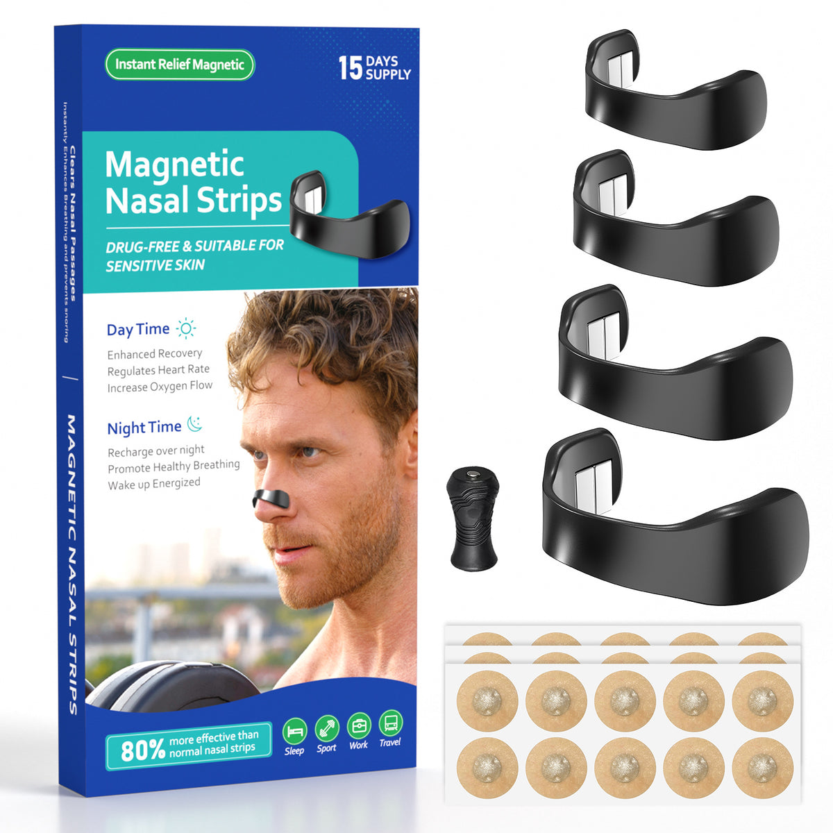 Black Magnetic Nasal Strips Kit (15-Day Supply): Breath Support with Reusable Bands & Adhesive Tabs – Enhance Oxygen Flow, Reduce Snoring, Improve Sleep