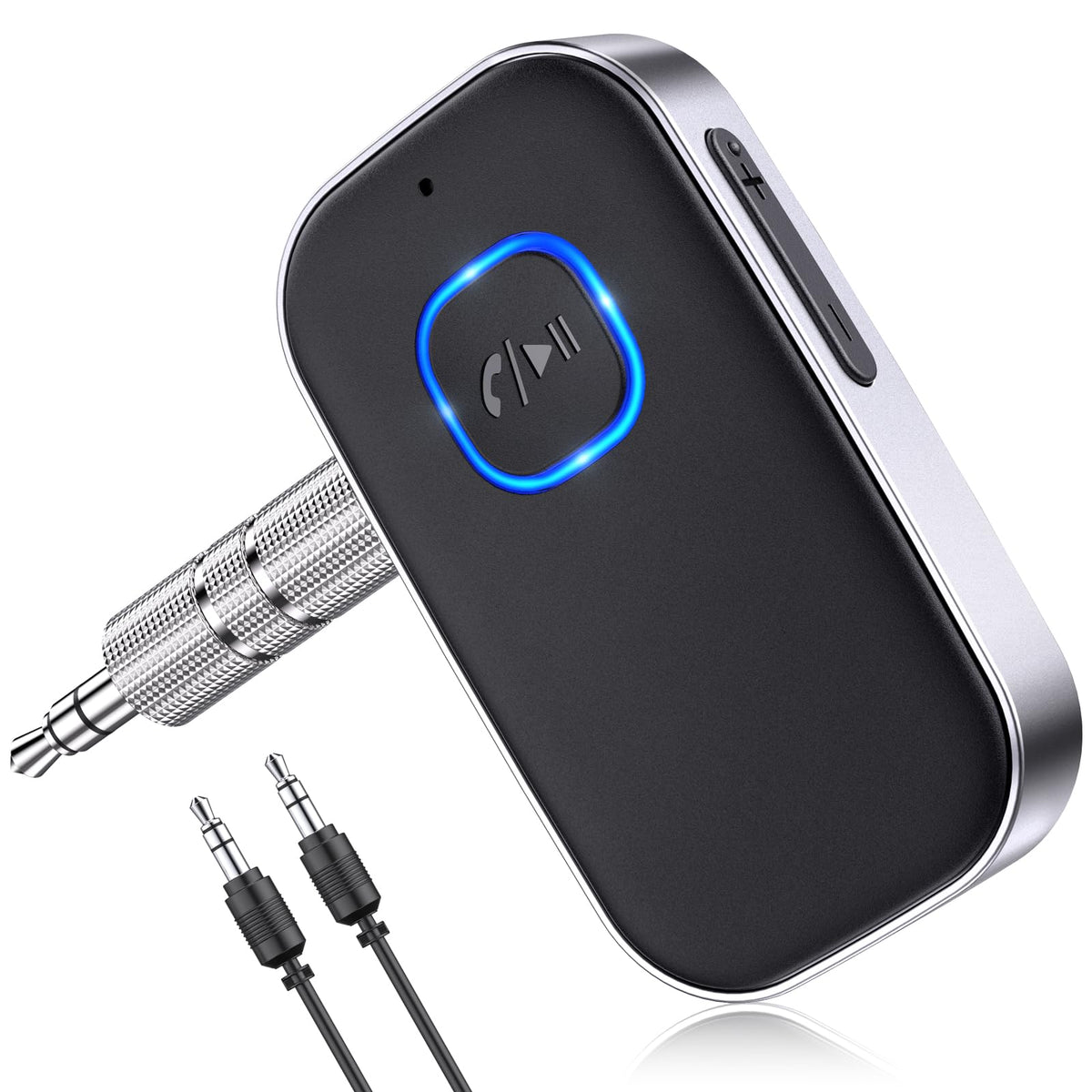 Bluetooth 5.3 Audio Receiver with Mic – Wireless AUX Adapter for Car Stereo, Speakers & Headphones, CVC8.0 Noise Cancellation, Dual Pairing, 16H Battery (Black)