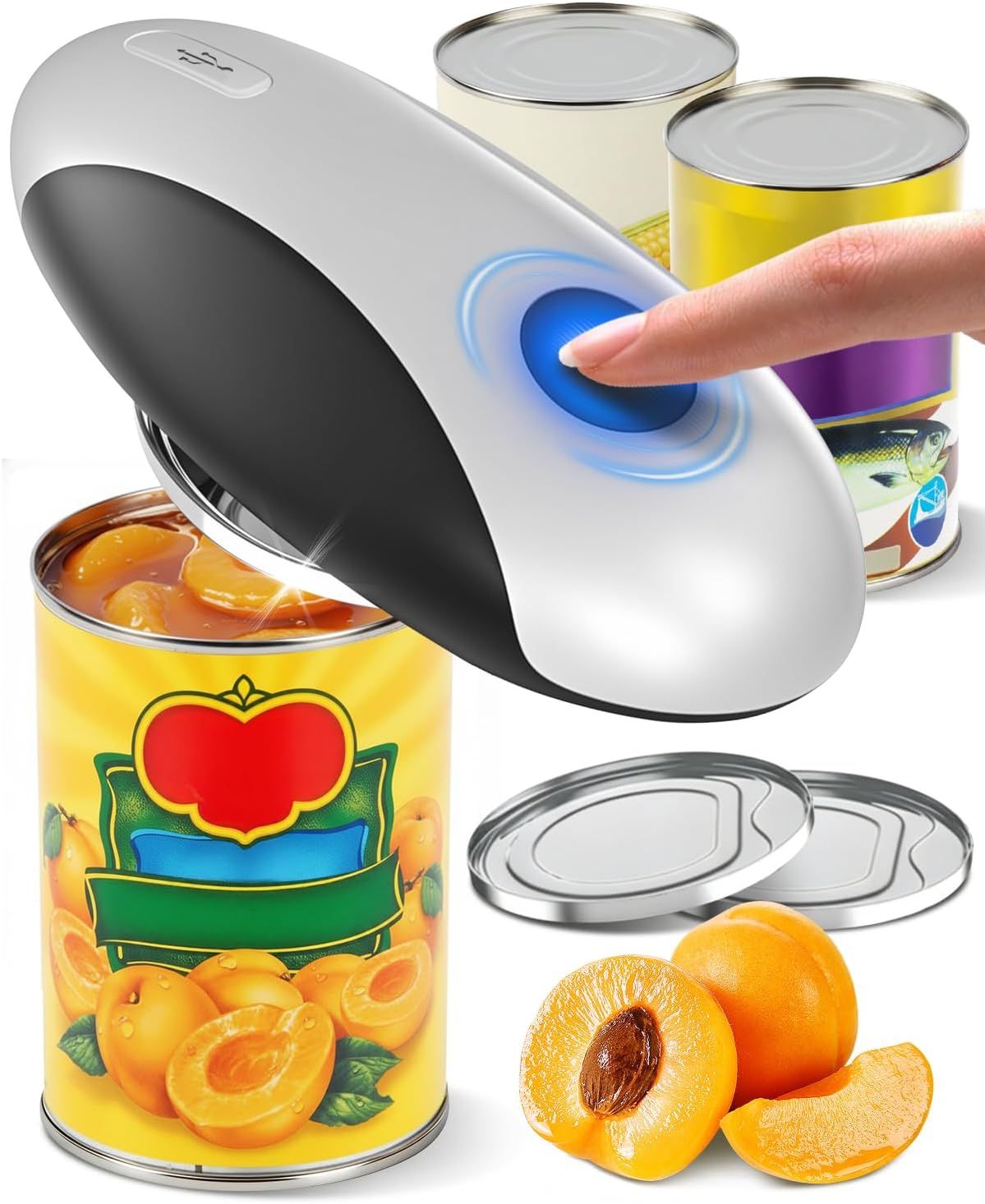 One-Touch Electric Can Opener with Smooth Edge & Magnetic Lid, USB Rechargeable for Seniors & Arthritis (Black-White)