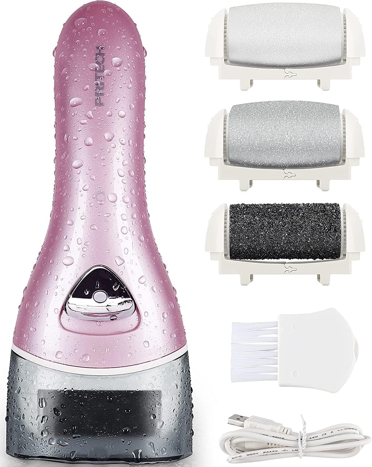 Electric Foot File Rechargeable Pedicure Tool – 3 Interchangeable Rollers (Fine, Regular, Coarse), IPX6 Waterproof, 2-Speed Motor, LED Power Indicator, USB Charging, Includes Cleaning Brush, Compact & Quiet for Home Spa (Pink)