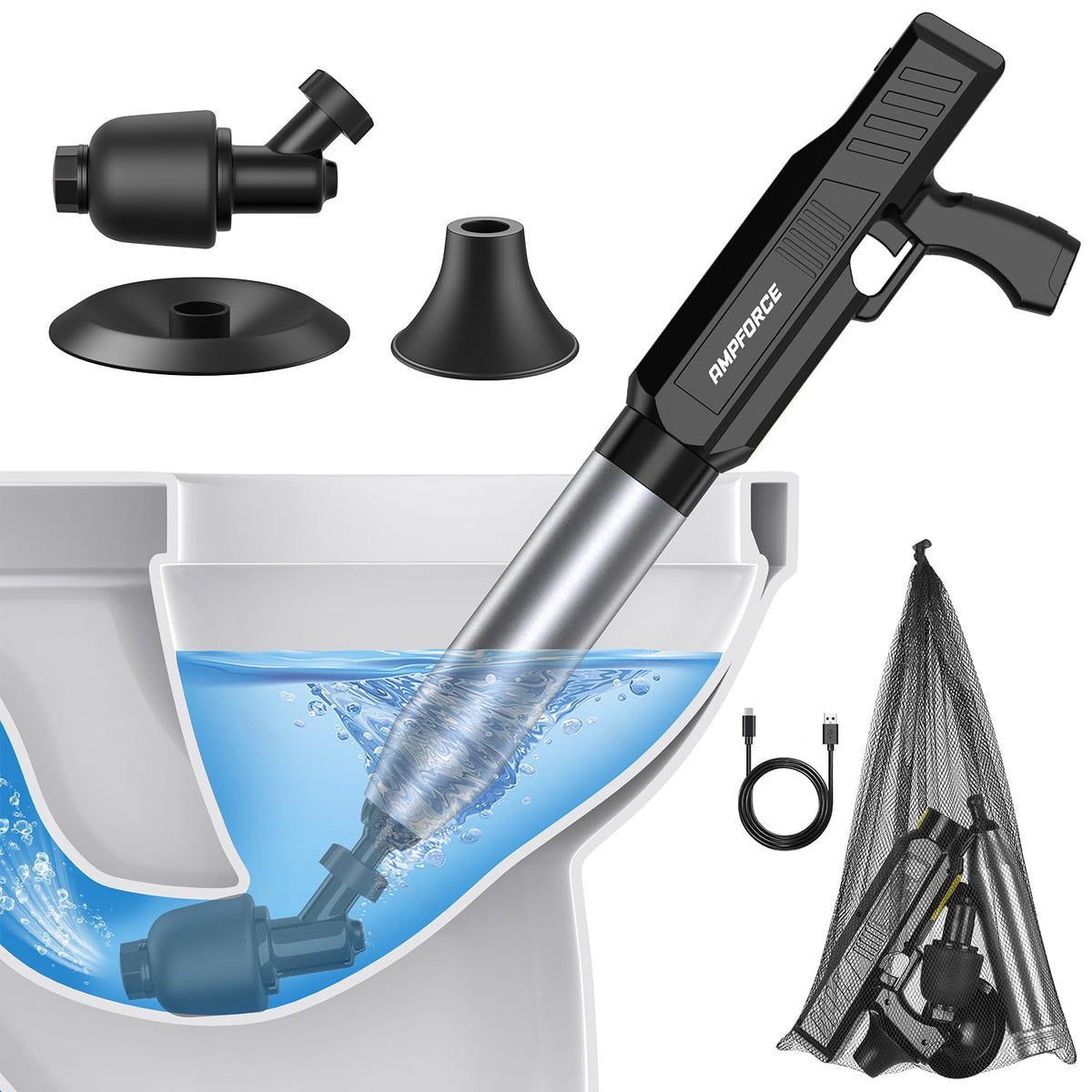 Electric Toilet Plunger with TurboPlunge Technology – Cordless High-Pressure Drain Cleaner, Multi-Head Unclogger, 120° Anti-Splash Design (Black)