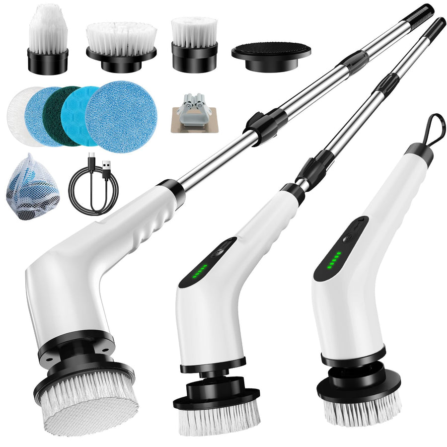 Wireless Electric Cleaning Brush with 8 Replaceable Heads – Adjustable Extendable Handle for Bathroom, Kitchen, Tiles & Car (White)
