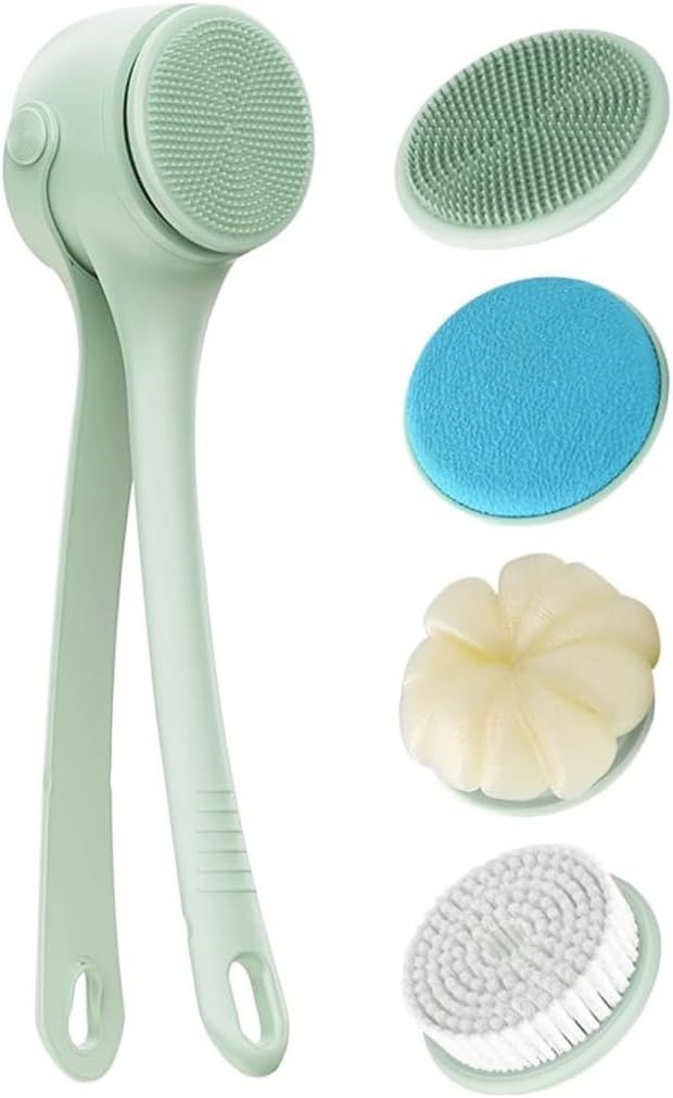 Electric Shower Body Scrubber Brush with 4 Heads, IPX5 Waterproof Rechargeable Back Cleaner for Exfoliating & Massage, 2-Speed Rotating Bath Brush for Sensitive Skin (Green)