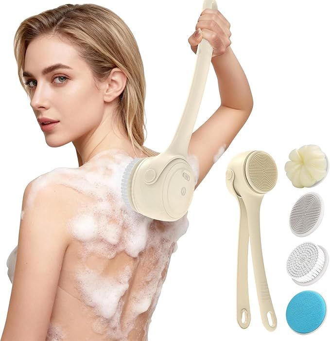Electric Shower Body Scrubber Brush with 4 Heads, IPX5 Waterproof Rechargeable Back Cleaner for Exfoliating & Massage, 2-Speed Rotating Bath Brush for Sensitive Skin (Milk coffee)