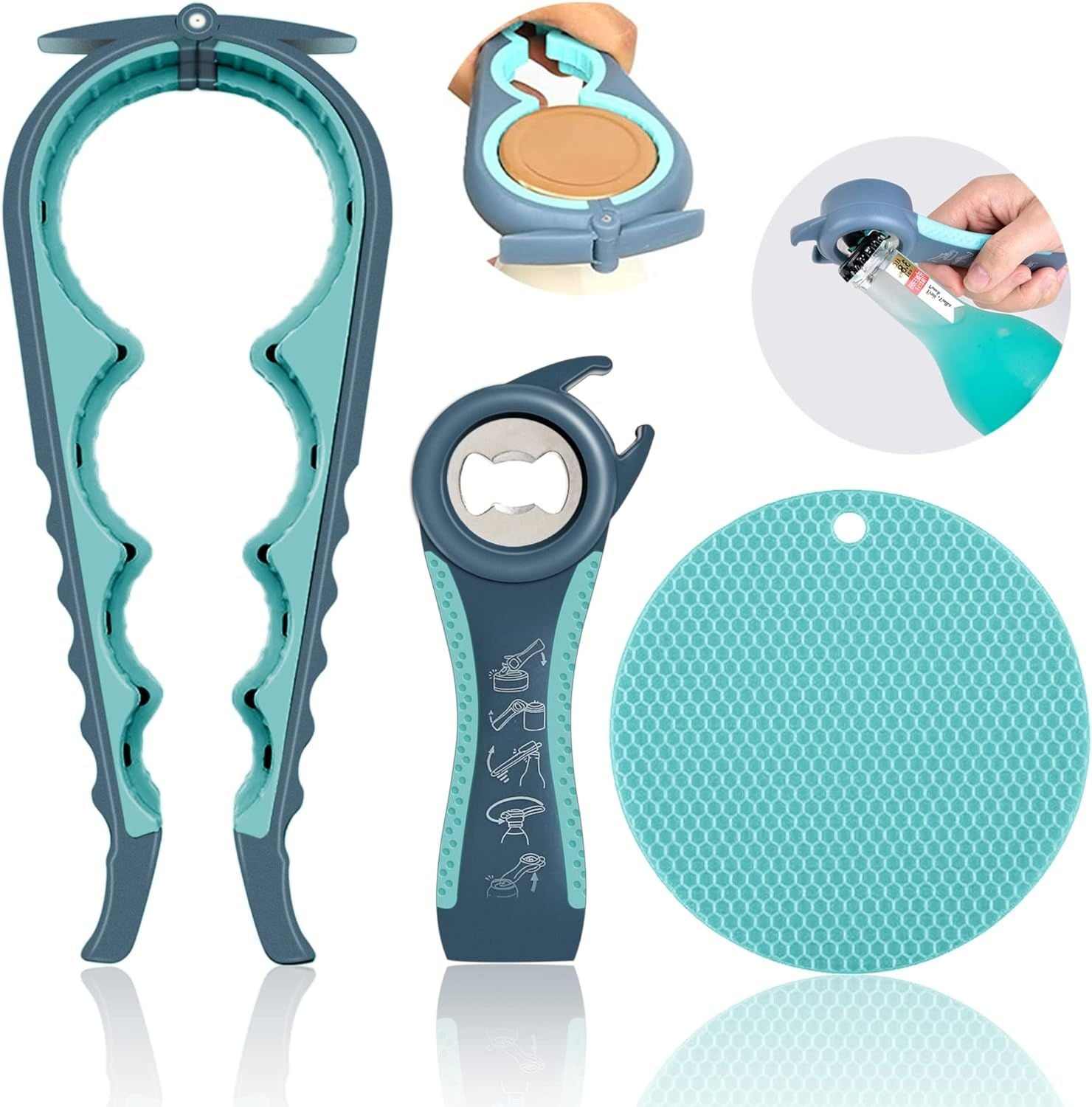 5-in-1 Bottle Opener & 4-Size Jar Opener Set with Adjustable Grip, Silicone Pad, and Ergonomic Handle—Multi-Function Kitchen Tool for Cans, Jars, Bottles, Pull Tabs, and Caps—Durable, Easy-to-Use Design (Blue)