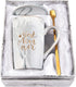 Best Mom Ever Coffee Mug Gift Set with Lid, Spoon & Coaster, 14oz Pink Marble Ceramic Cup for Mother&