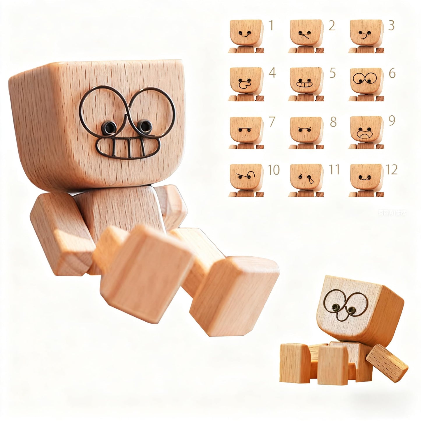 Shaking Wooden Man Figurine with 12 Magnetic Faces – Handmade Bobble Leg Wooden Doll for Car Dashboard & Desk Decor (Natural Wood)