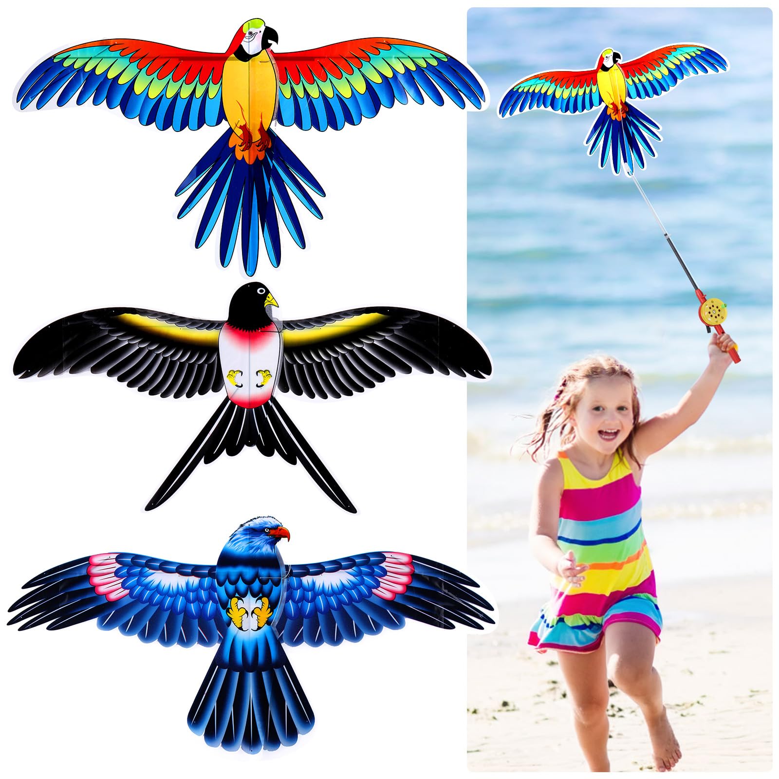 Kids’ Mini Fishing-Rod Kite Set – 3-Pack Bird Designs, Easy-Grip Reel Handle, Adjustable Line, Lightweight & Durable for Outdoor Play, Perfect for Beginners Ages 3–8, Encourages Active Fun and Family Bonding (Multicolor)