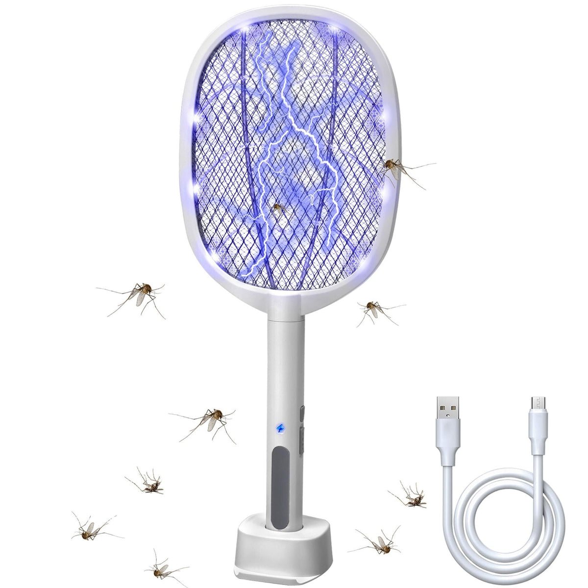 Dual-Mode UV Electric Mosquito Swatter with LED Attraction & 3000V Zapper – Rechargeable Bug Killer for Indoor and Outdoor Use (White)