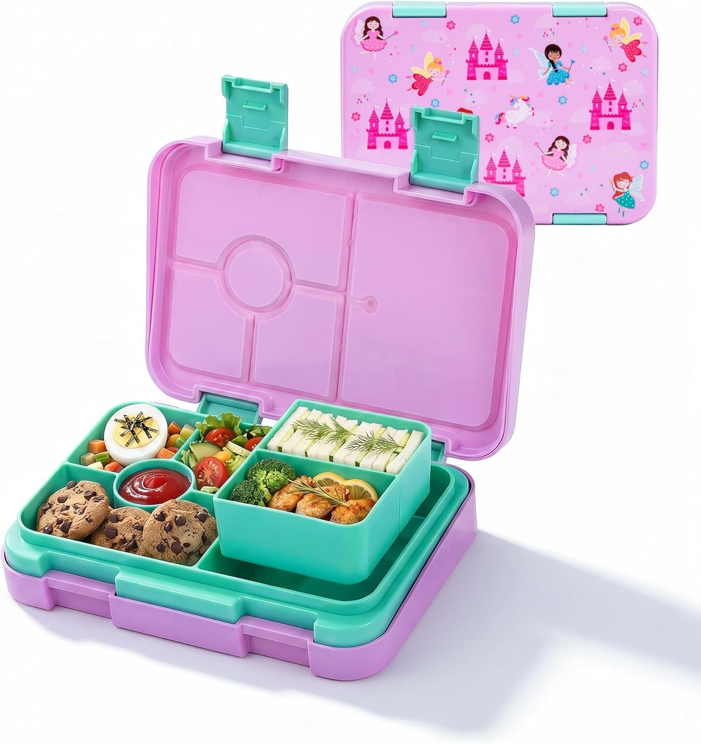 Kids Bento Lunch Box with 6 Compartments, BPA-Free, Microwave & Dishwasher Safe, Leak-Proof for School & Picnics (Pink)