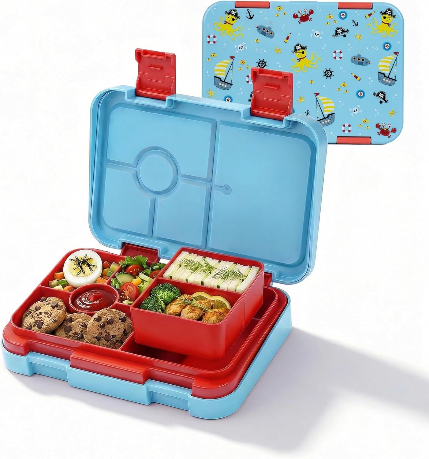 Kids Bento Lunch Box with 6 Compartments, BPA-Free, Microwave & Dishwasher Safe, Leak-Proof for School & Picnics (Blue)