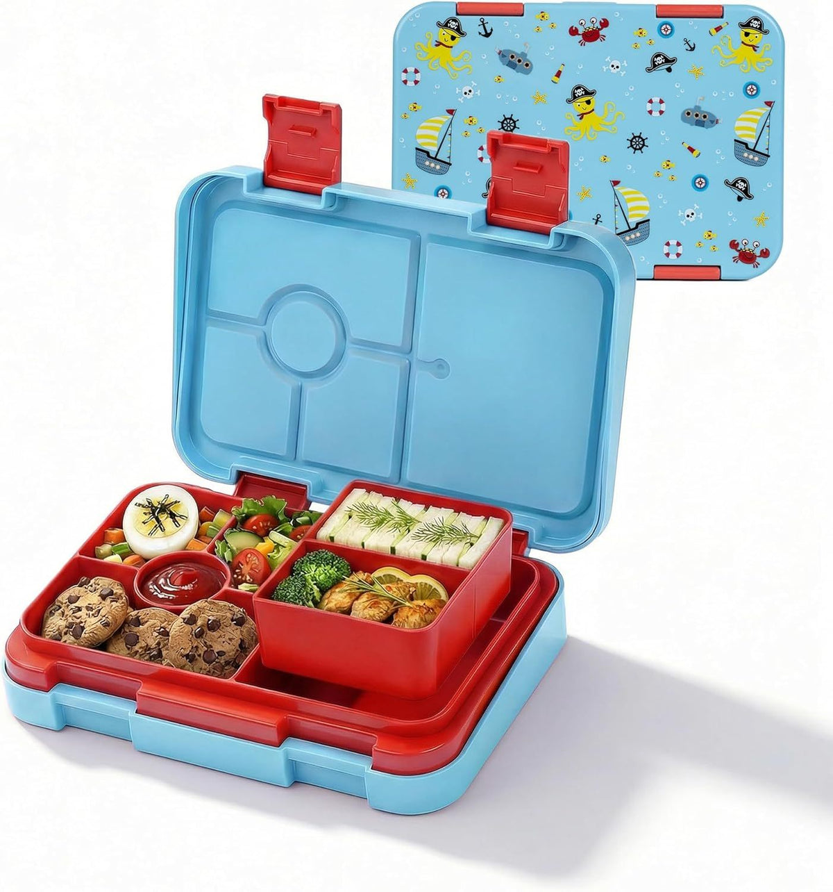 Kids Bento Lunch Box with 6 Compartments, BPA-Free, Microwave & Dishwasher Safe, Leak-Proof for School & Picnics (Blue)