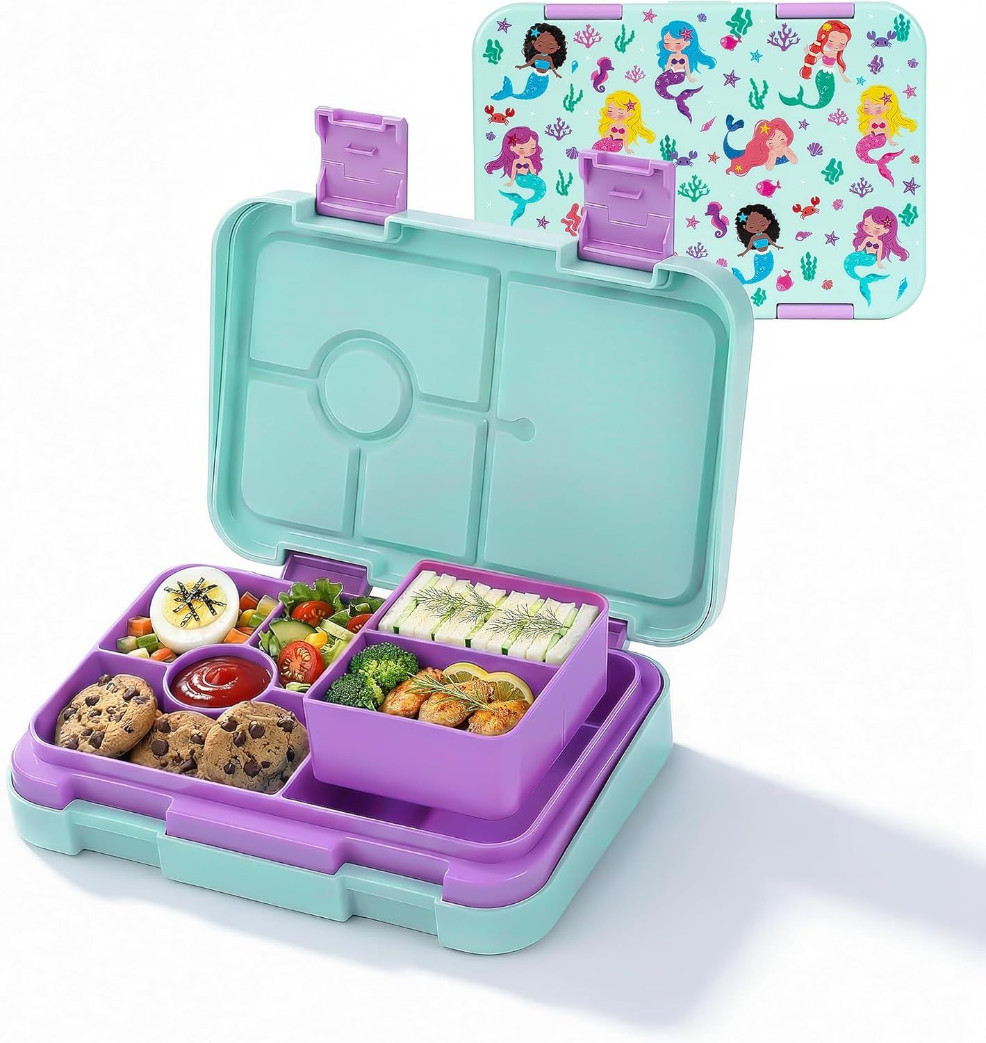 Kids Bento Lunch Box with 6 Compartments, BPA-Free, Microwave & Dishwasher Safe, Leak-Proof for School & Picnics (Green)