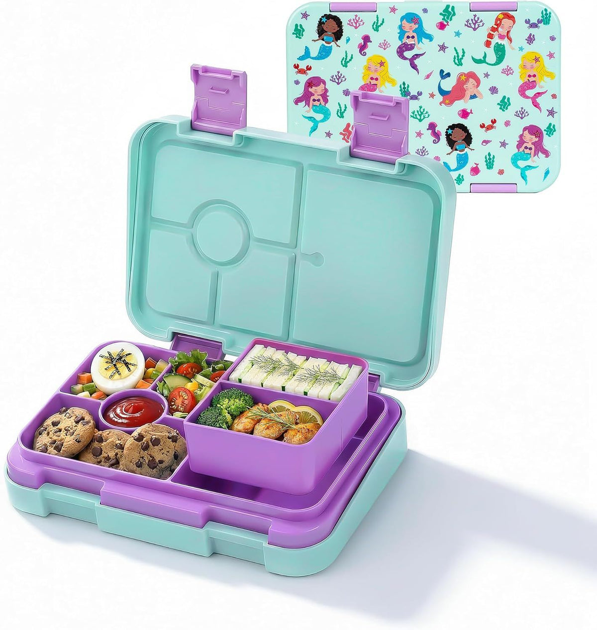 Kids Bento Lunch Box with 6 Compartments, BPA-Free, Microwave & Dishwasher Safe, Leak-Proof for School & Picnics (Green)