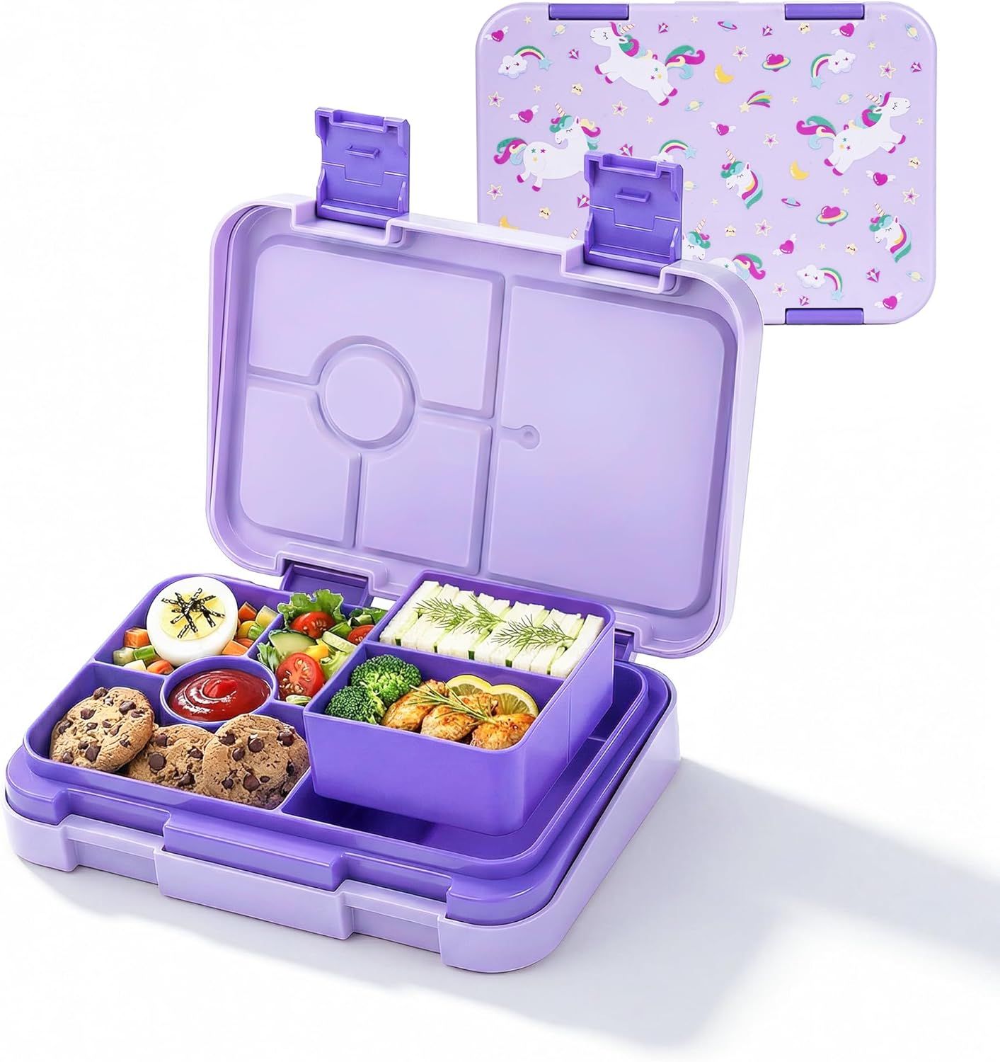 Kids Bento Lunch Box with 6 Compartments, BPA-Free, Microwave & Dishwasher Safe, Leak-Proof for School & Picnics (Purple)