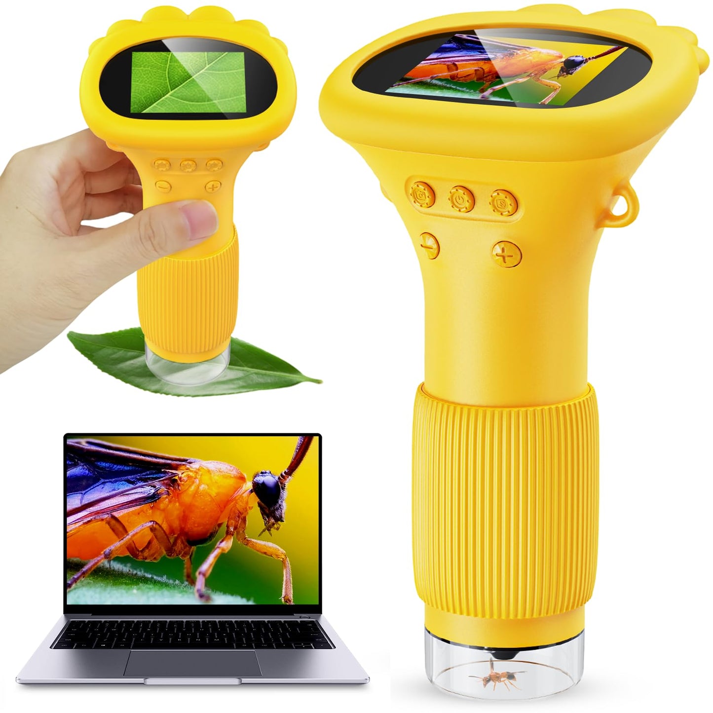 Student Digital Microscope for Kids – Portable 1000x Magnification Handheld Scope with 2 Inch HD Screen, LED Light & Photo Storage, Ideal for Science Class and Outdoor Exploration (Yellow) 