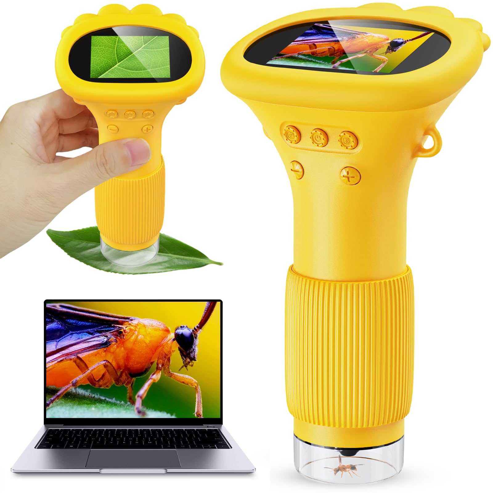 Student Digital Microscope for Kids – Portable 1000x Magnification Handheld Scope with 2 Inch HD Screen, LED Light & Photo Storage, Ideal for Science Class and Outdoor Exploration (Yellow) 