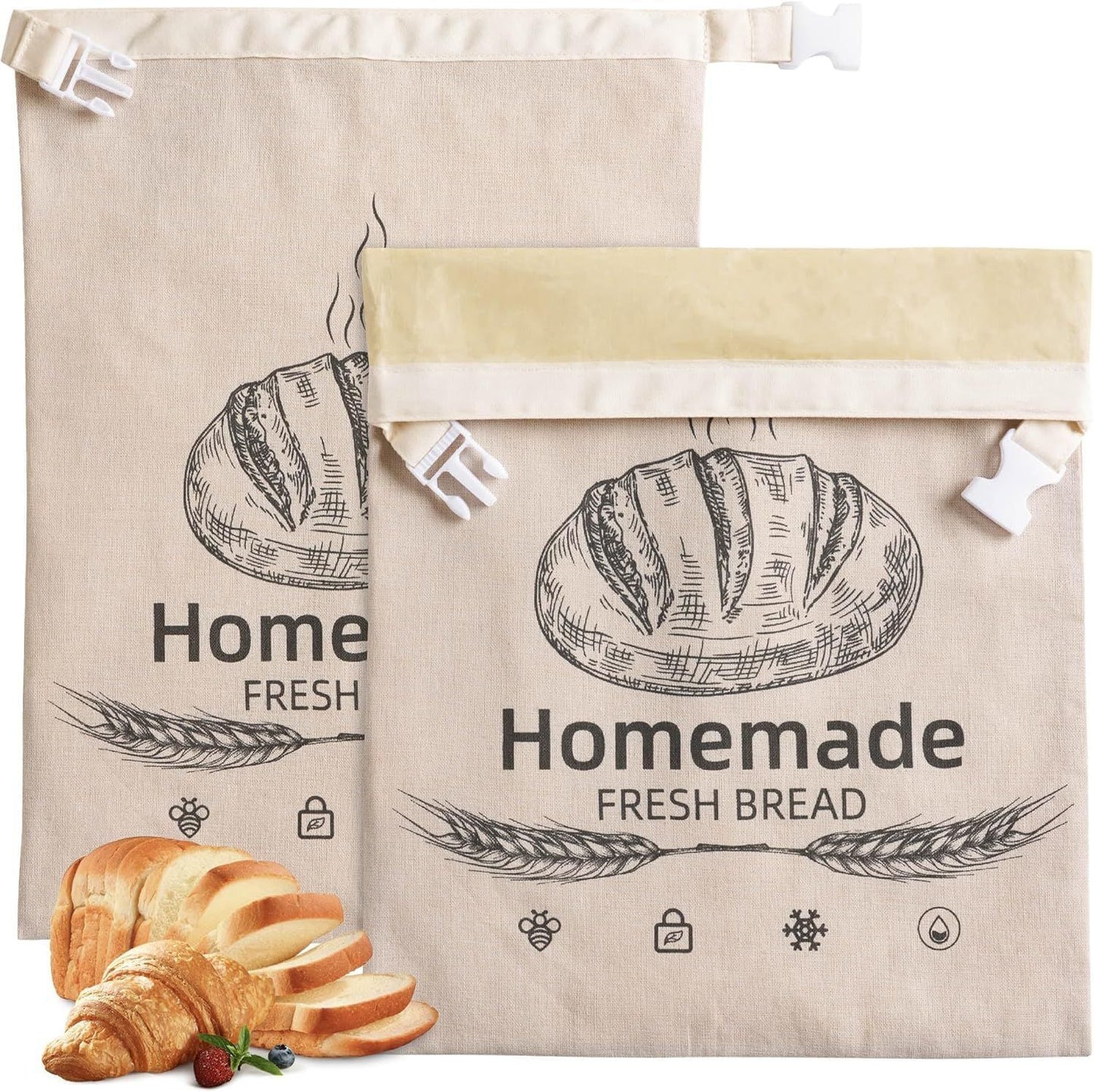 2-Pack Reusable Bread Storage Bags with Roll-Top Design, Snap Closure, Wheat Illustration, and Dual-Layer Construction—Perfect for Storing Loaves, Baguettes, and Baked Goods on Countertop, in Fridge, or Pantry (Light Brown)