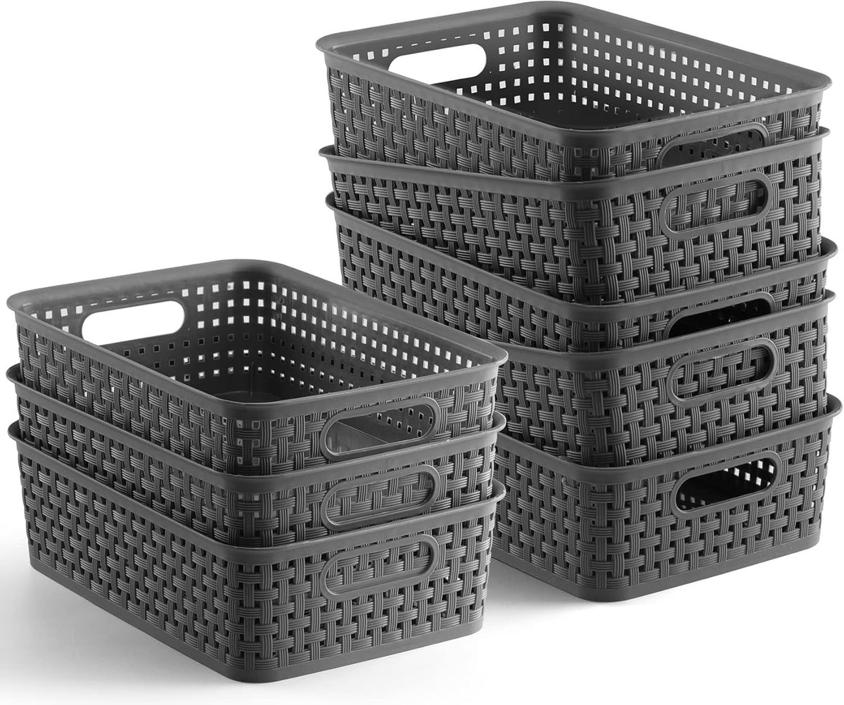 8-Pack Woven Plastic Storage Baskets for Bathroom Vanity, Kitchen Pantry & Office Desk Organization (Grey) 