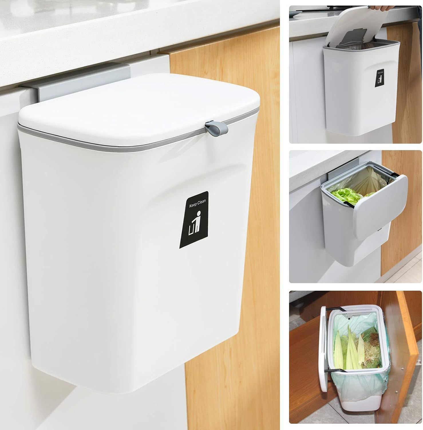 Hanging Kitchen Compost Bin with Lid for Cabinet Door or Wall, No-Drill Adhesive Mount, Odor-Proof & Space-Saving (White)