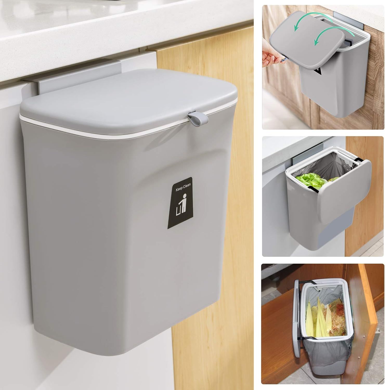 Hanging Kitchen Compost Bin with Lid for Cabinet Door or Wall, No-Drill Adhesive Mount, Odor-Proof & Space-Saving (Grey)
