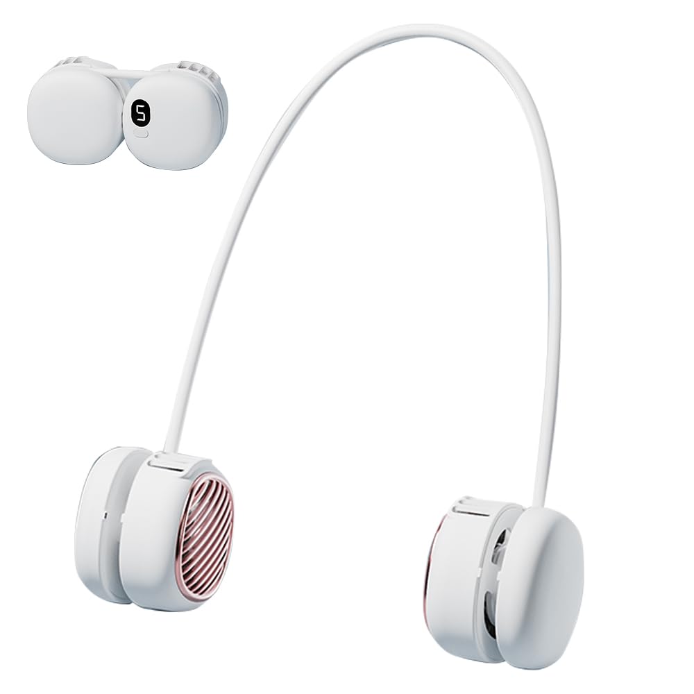 Portable Neck Fan with 5-Speed Adjustable Cooling – Lightweight Rechargeable Bladeless Fan for Travel, Outdoor, Gym, Office Use – Ultra-Quiet & Foldable (White)