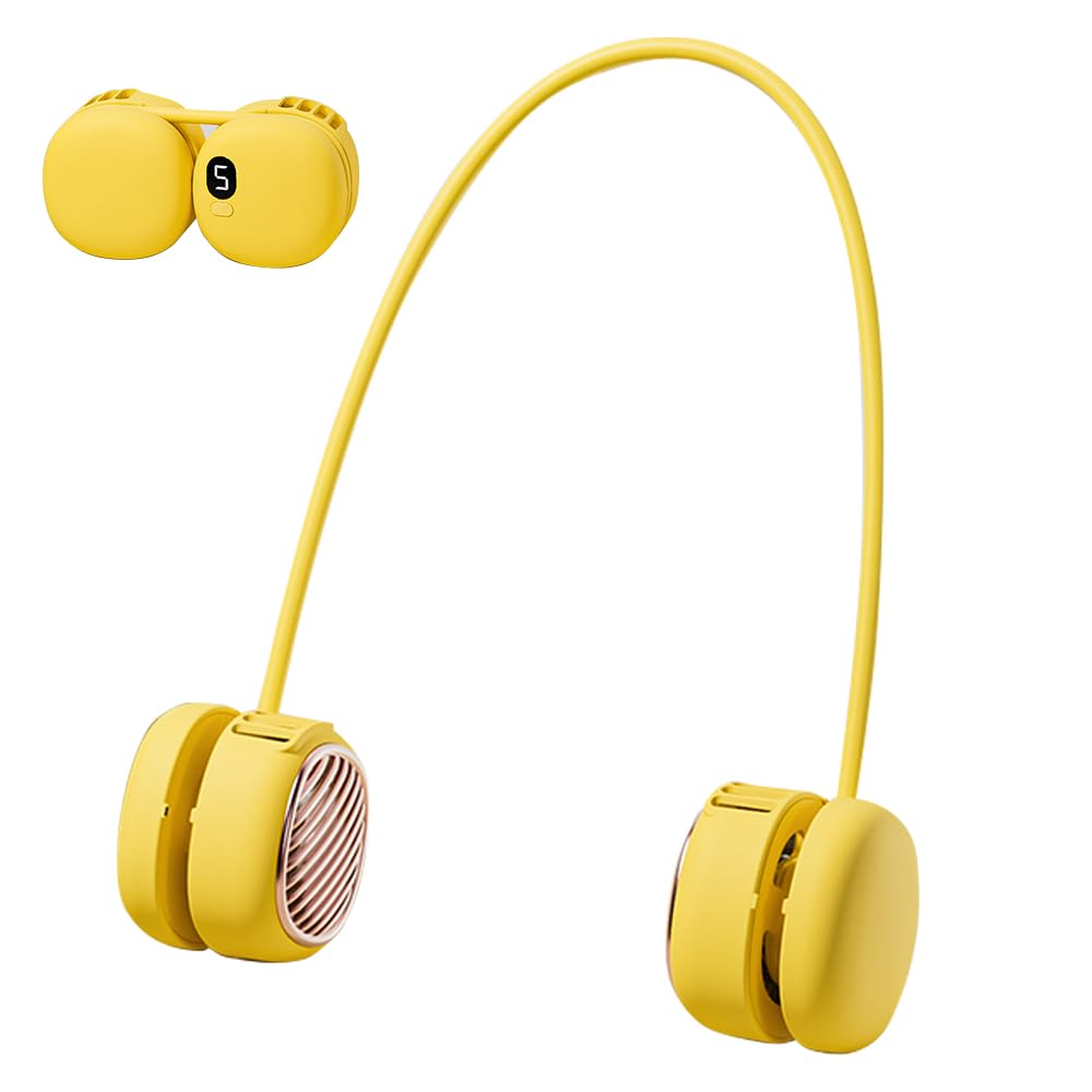 Portable Neck Fan with 5-Speed Adjustable Cooling – Lightweight Rechargeable Bladeless Fan for Travel, Outdoor, Gym, Office Use – Ultra-Quiet & Foldable (Yellow)