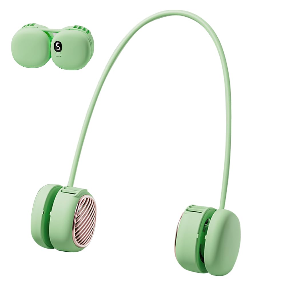 Portable Neck Fan with 5-Speed Adjustable Cooling – Lightweight Rechargeable Bladeless Fan for Travel, Outdoor, Gym, Office Use – Ultra-Quiet & Foldable (Green)