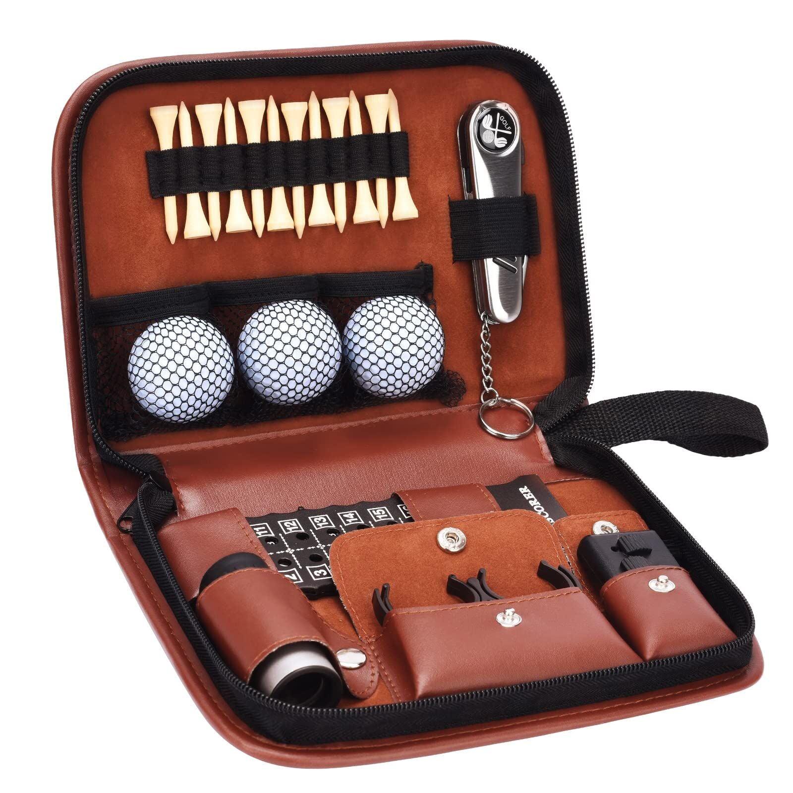 Premium Golf Accessory Kit with Rangefinder, Tees, Balls & 6-in-1 Divot Tool – Brown Leather Case for Men and Women (Brown)