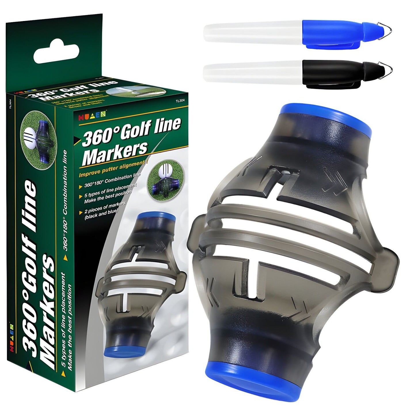 360° Golf Ball Line Marker with 2 Pens – Full Coverage Alignment Tool for Putt, Driver & Irons (Blue)