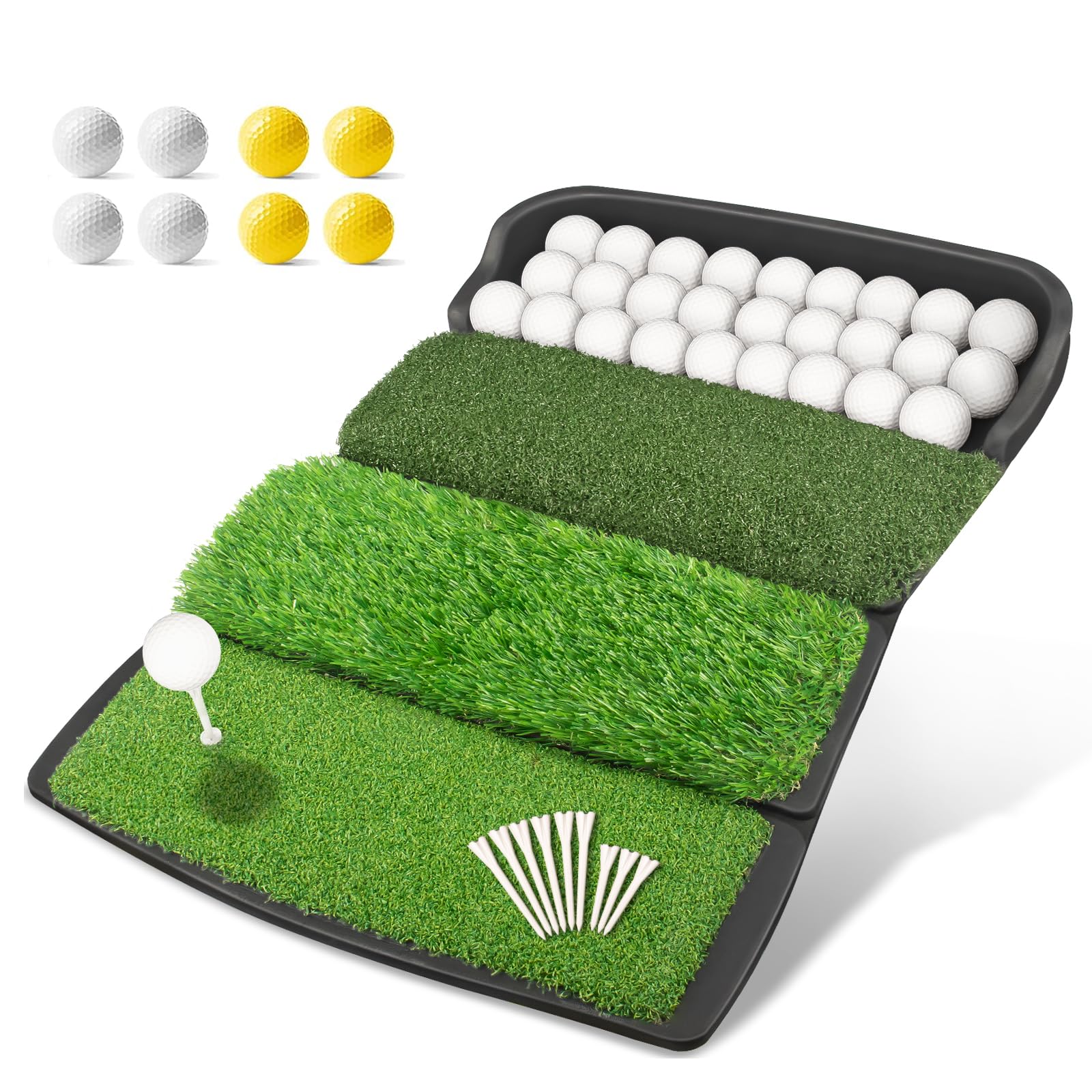 Foldable 4-in-1 Golf Practice Mat with Ball Tray – 24.5x17in Tri-Turf Hitting Pad for Indoor & Outdoor Training, Includes 8 Balls & 9 Tees (Green)
