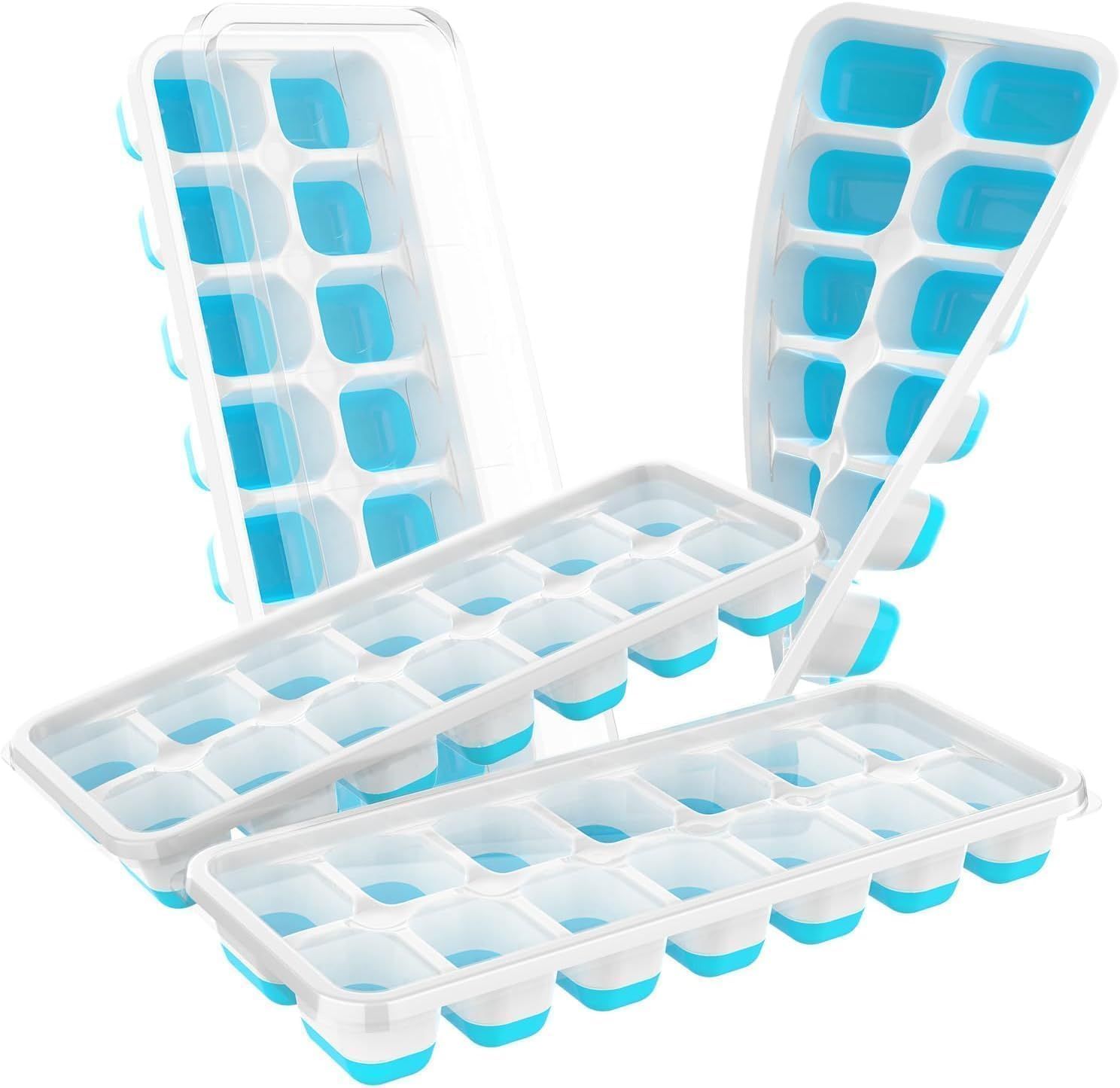 4-Pack Ice Cube Trays with 14-Cavity Design, Flexible Silicone Bases, Removable Lid, Stackable Structure, and Easy-Press Release for Home Freezer Use—Ideal for Drinks, Smoothies, and Meal Prep (Blue)