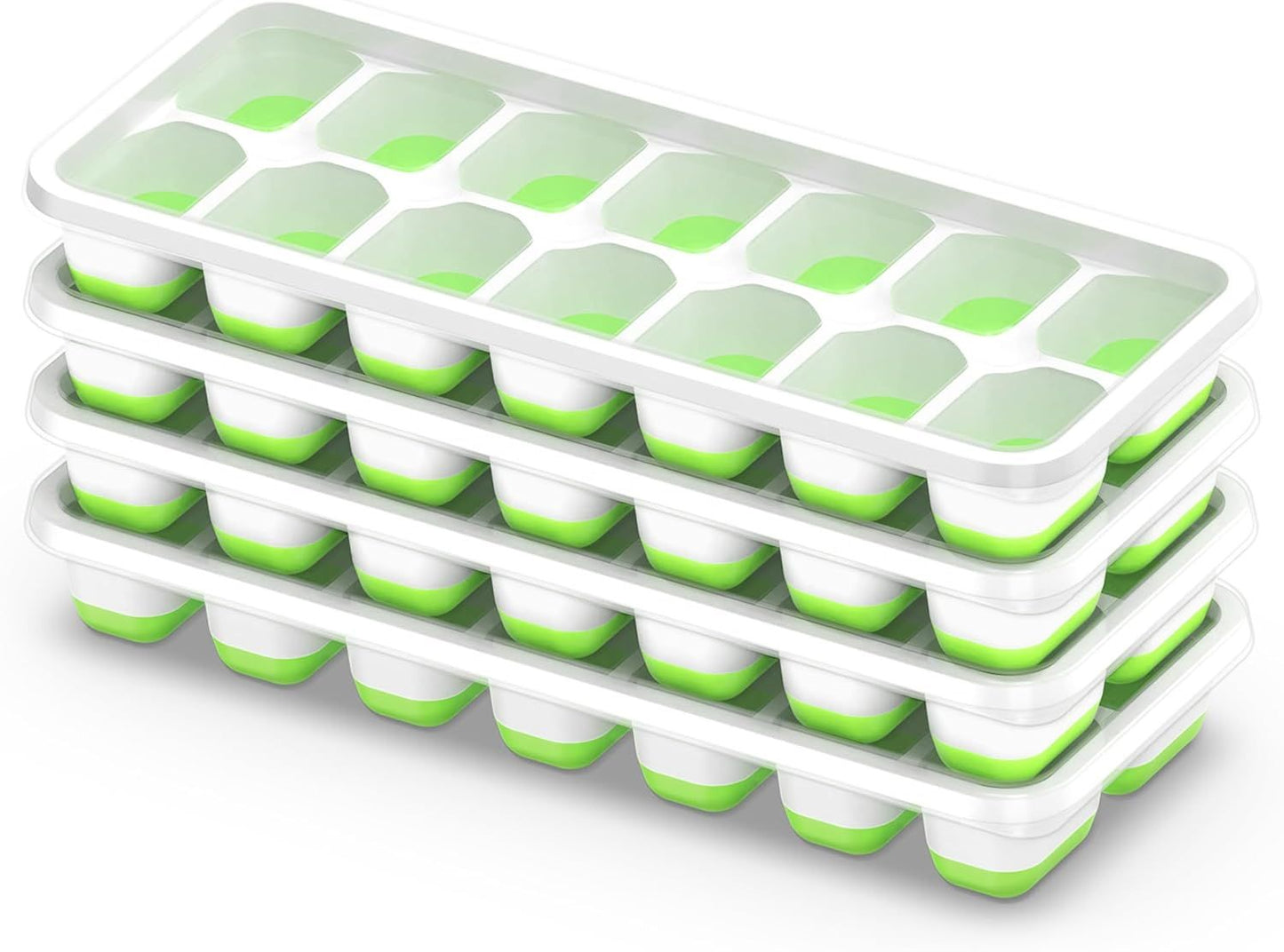 4-Pack Ice Cube Trays with 14-Cavity Design, Flexible Silicone Bases, Removable Lid, Stackable Structure, and Easy-Press Release for Home Freezer Use—Ideal for Drinks, Smoothies, and Meal Prep (Green)