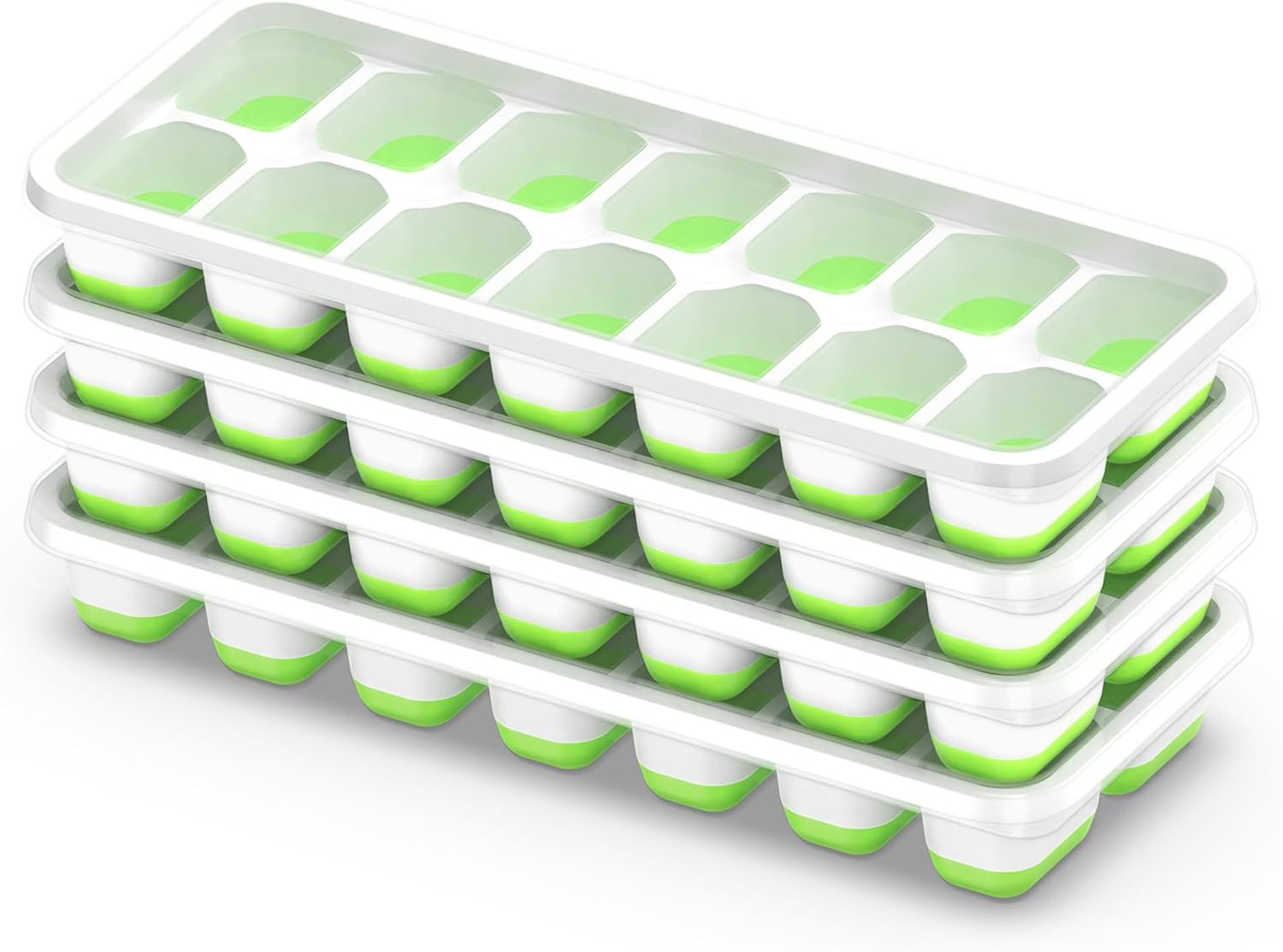 4-Pack Ice Cube Trays with 14-Cavity Design, Flexible Silicone Bases, Removable Lid, Stackable Structure, and Easy-Press Release for Home Freezer Use—Ideal for Drinks, Smoothies, and Meal Prep (Green)