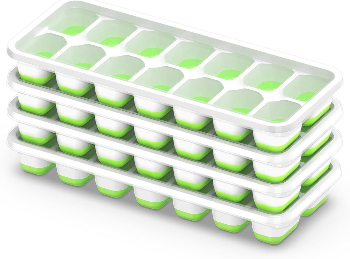 4-Pack Ice Cube Trays with 14-Cavity Design, Flexible Silicone Bases, Removable Lid, Stackable Structure, and Easy-Press Release for Home Freezer Use—Ideal for Drinks, Smoothies, and Meal Prep (Green)